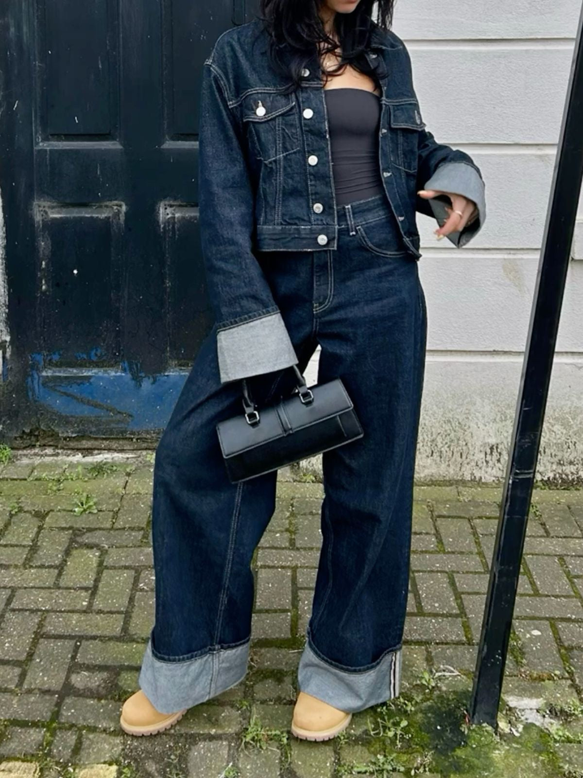 Azaria - Collared Long Sleeves Denim Two-piece Set