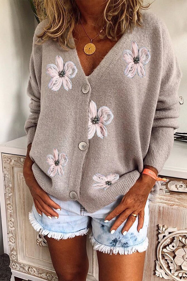 Long Sleeve Cardigan Embroidered V-neck Knit Sweater