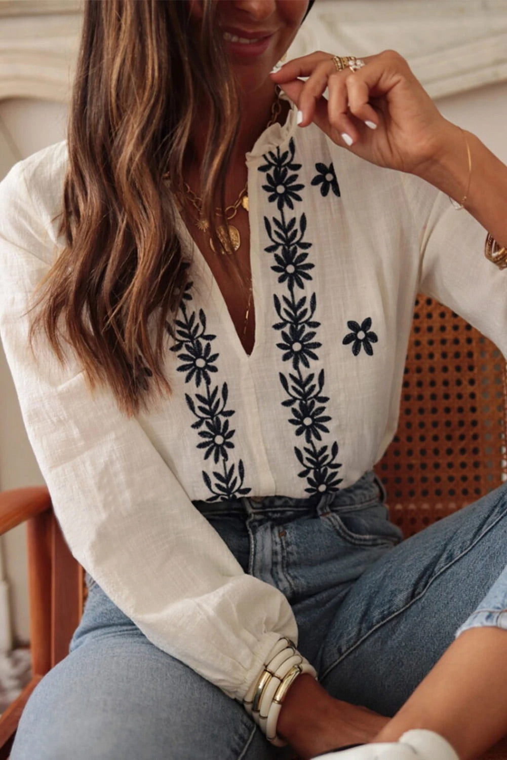 White Embroidered Frill V Neck Puff Sleeve Blouse
