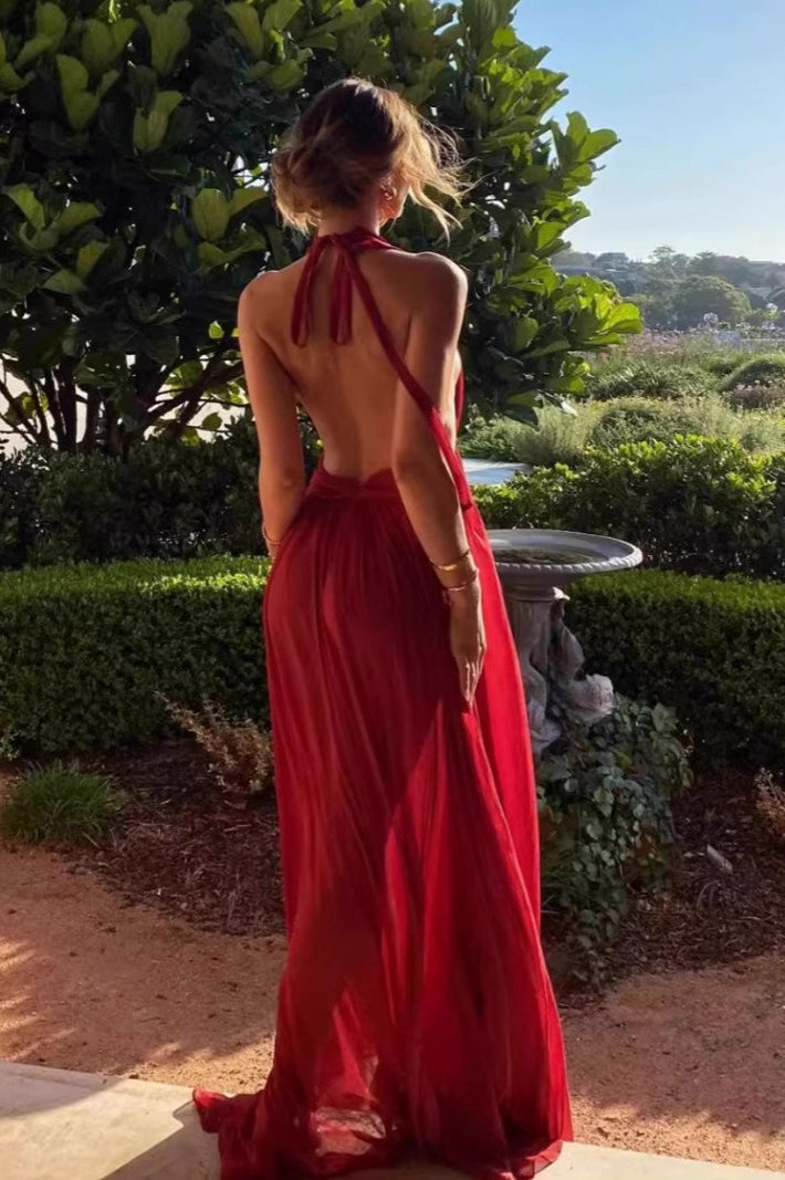 French Backless Halter V-neck Maxi Dress