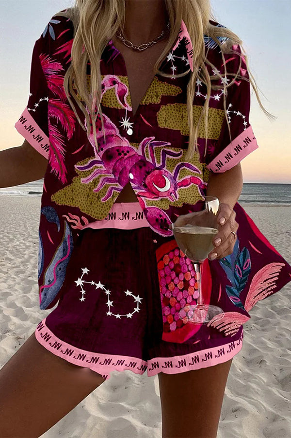 Scorpion Print Loose Button Elastic Waist Shorts Set