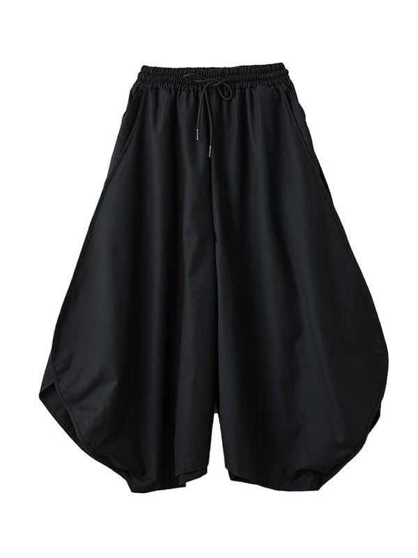Black Drawstring Elasticity High Waisted Pockets Culotte Pants Tw025