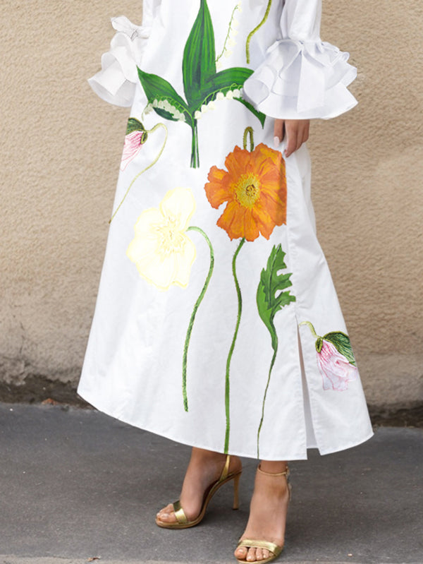 A-line Flared Sleeves Printed Split-joint Split-side Lapel Collar Maxi Dresses Shirt Dress