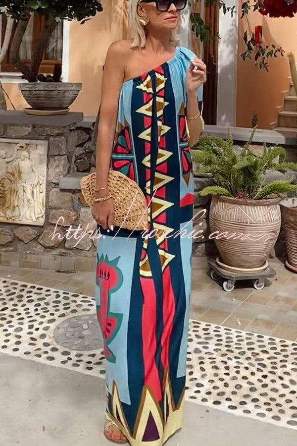 Color Boost Unique Print One Shoulder Bell Sleeve Pocketed Maxi Dress