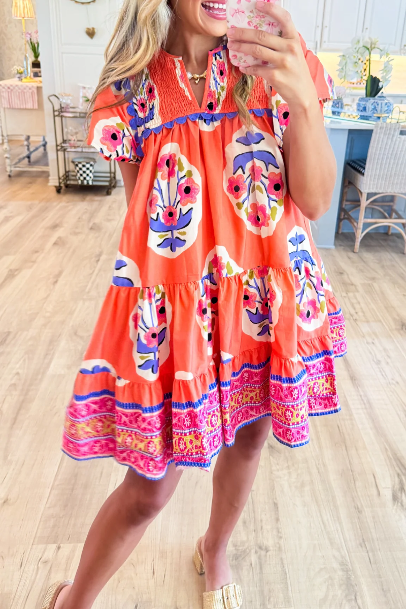 Coral Print Mini Dress