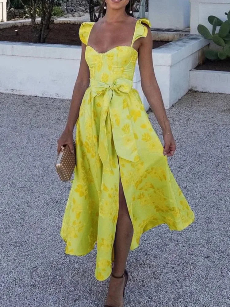 Flowers Print Sleeveless Long Dresses Low Cut Backless Bowknot Leace-up Slit Dress Temperament Lady Vestidos New