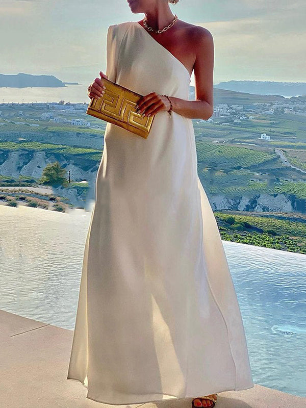 Loose Asymmetric Color Split-joint One-shoulder Maxi Dresses