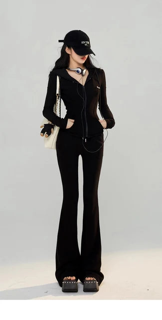Y2k 2 Piece Set Tracksuit Hooded Zip Up Slim Coat + Drawstring Wide Leg Pants Autumn Korean Outfits