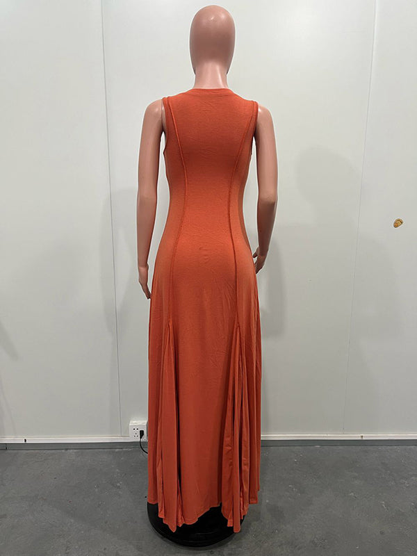 Sleeveless Color Split-joint U-neck Maxi Dresses