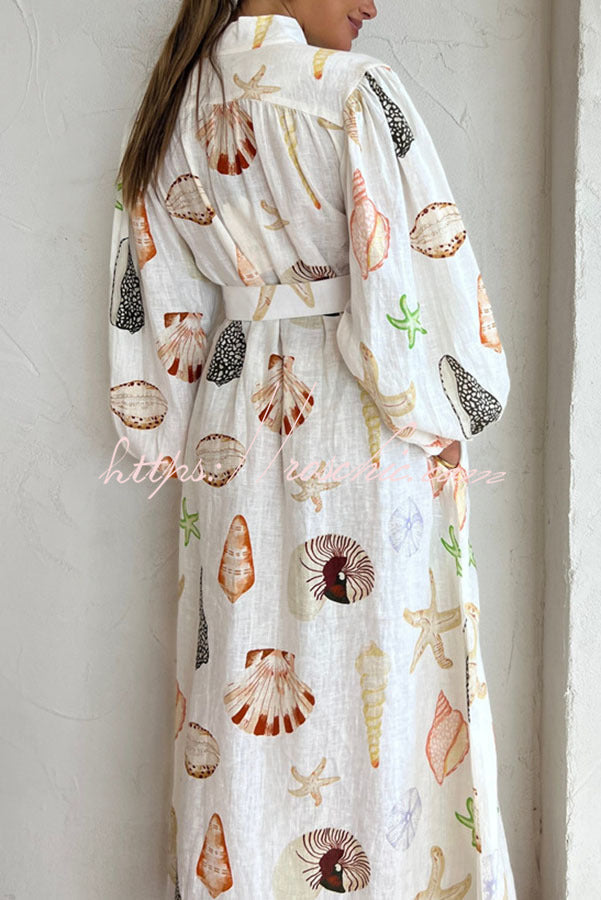 Swinton Marine Element Print Pocket Balloon Sleeve Belted Maxi Dress