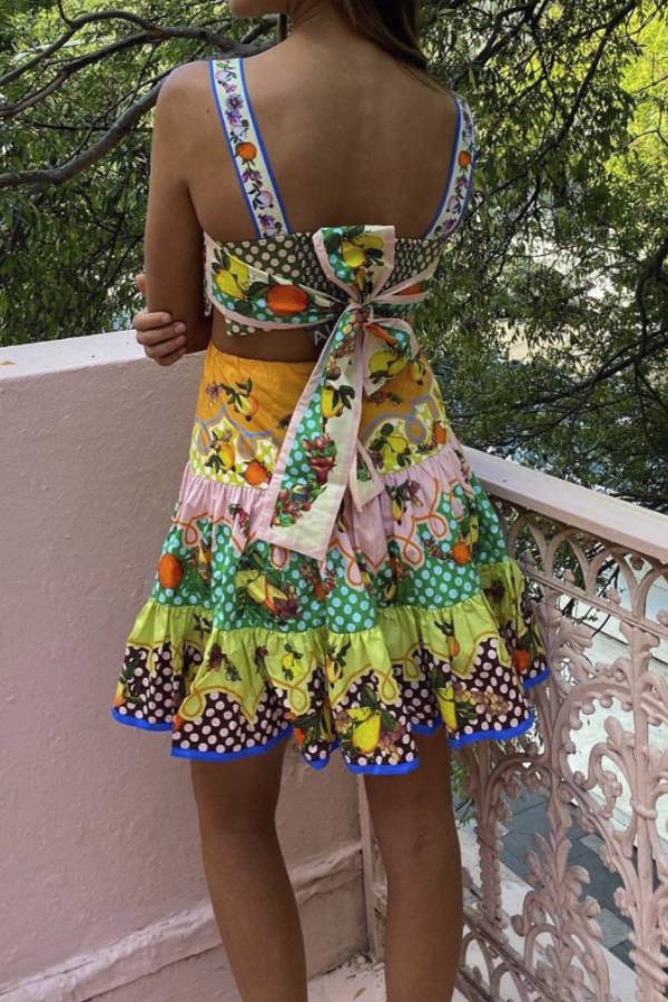 Summer Multicolorlemon Preated Hem Mini Dress