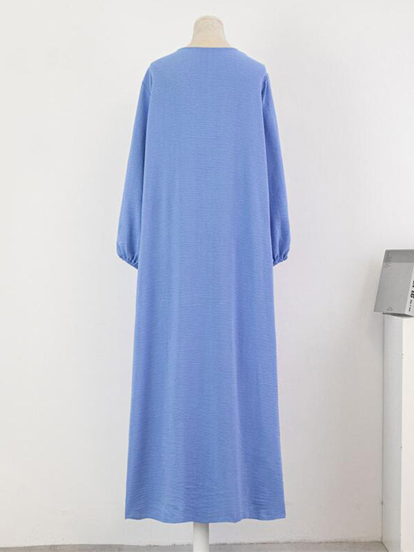 Long Sleeves Loose Pleated Color Split-joint Round-neck Maxi Dresses