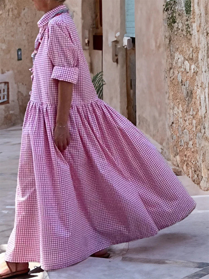 Plaid Long Sleeves Loose Swing Shirt Maxi Dress