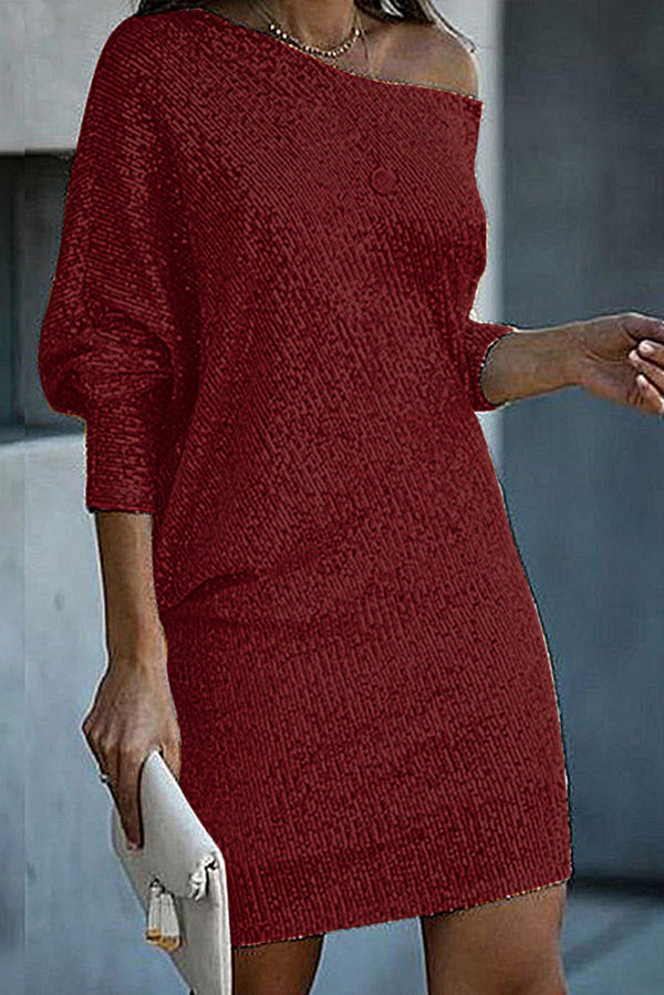 Sequined Off-shoulder Loose Mini Dress