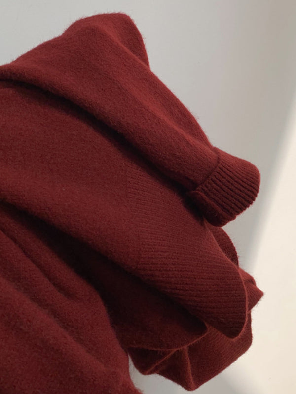 Red High Neck Split Hem Long Sleeve Sweater An1056