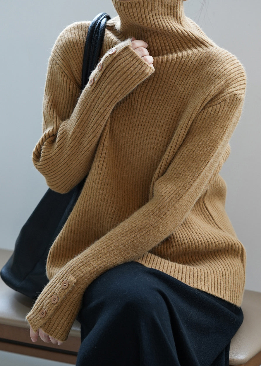 Boutique Camel Hign Neck Button Thick Knit Sweaters Fall Af1067