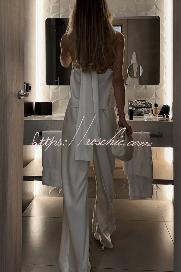 Modern Day Glam Satin Halter Tie-up Tank and Elastic Waist Wide Leg Pants Set