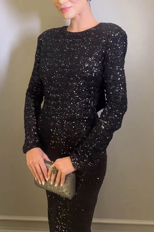 Looking to Party Sequin Padded Shoulder Backless Bow Design Maxi Dress