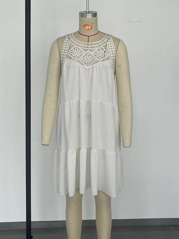 A-line Loose Hollow Pleated Color Split-joint Round-neck Mini Dresses