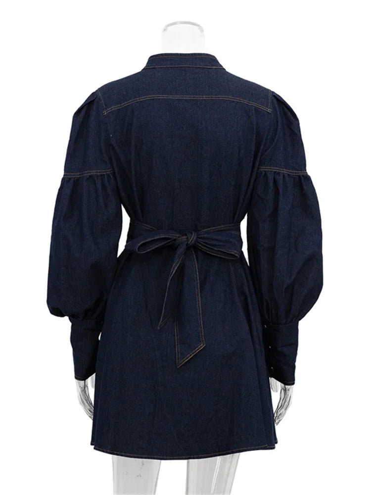Lace-up Denim Mini Dress for Patchwork High Waist Bandage Jean Female Slim Dress Autumn