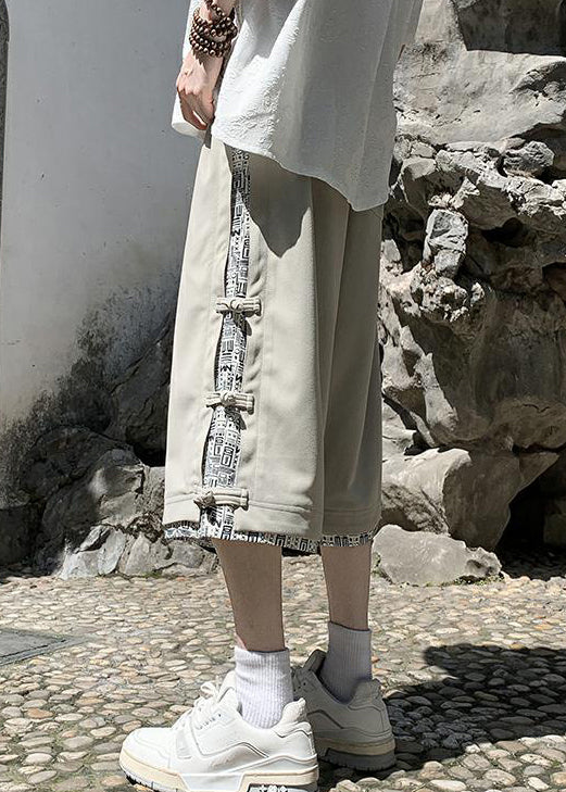 Patchwork Pants Cotton Crop Summer Beige Print Button Art