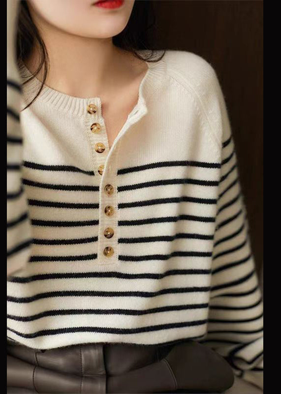 Art White Striped Button Woolen Sweaters Spring Tf030