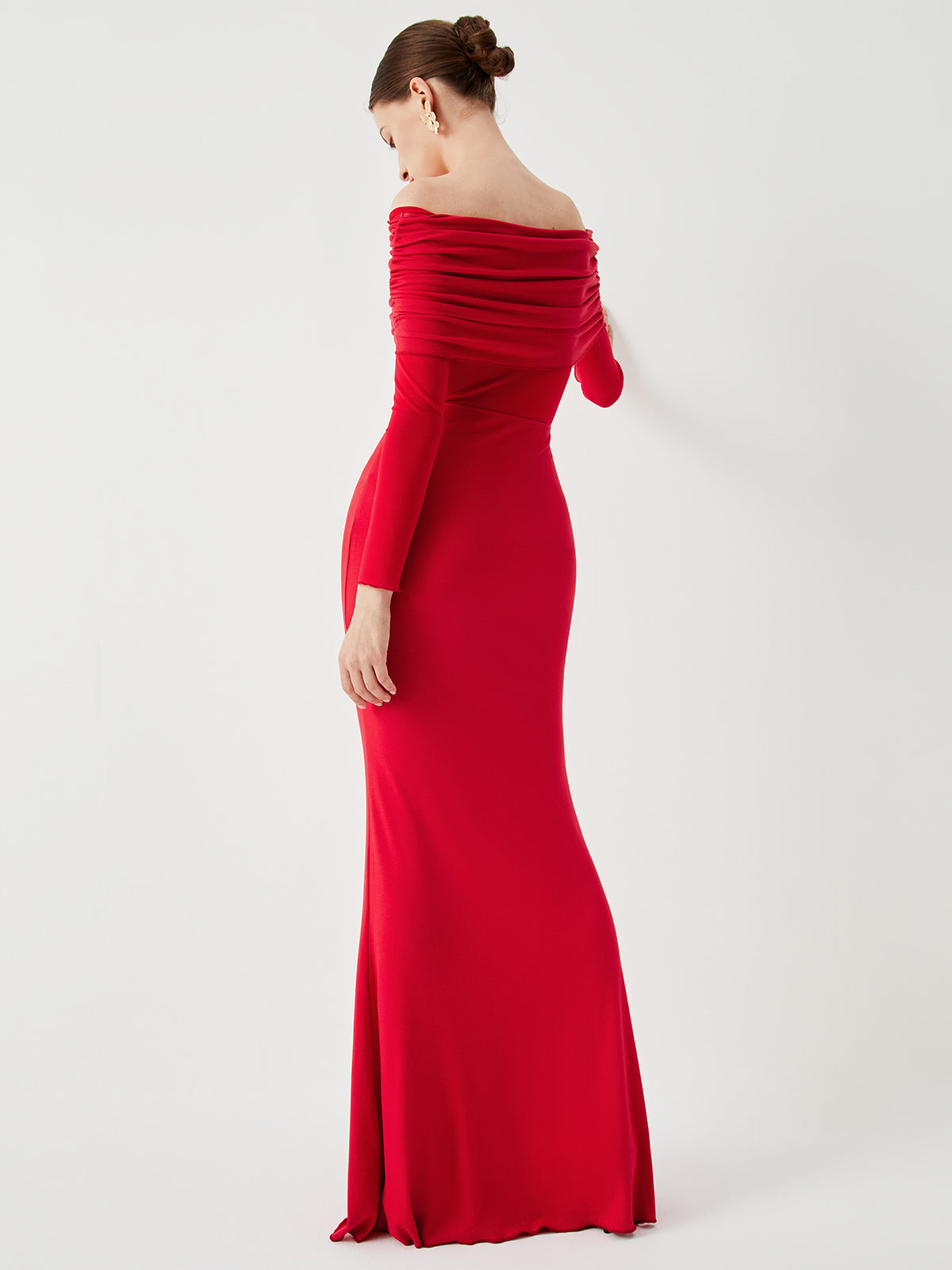 Abriella - Off-shoulder Overfold Mesh Maxi Dress