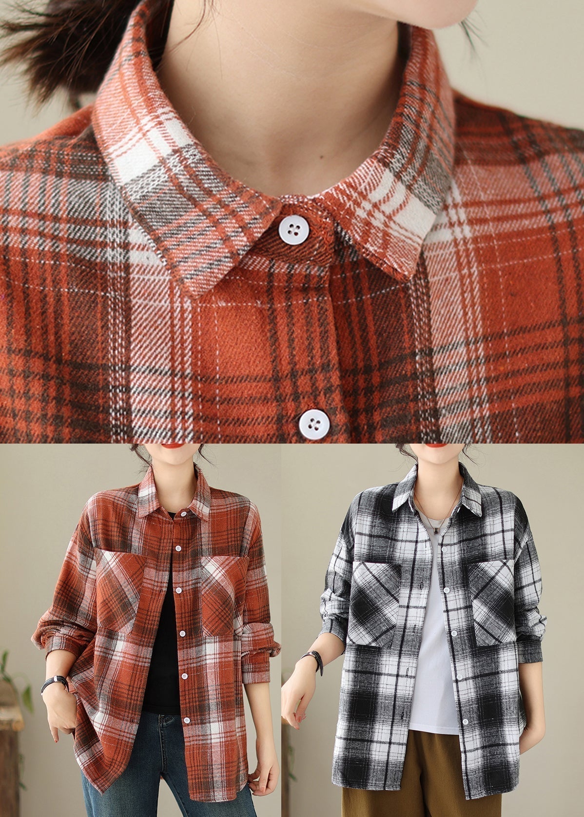 Orange Peter Pan Collar Pockets Plaid Cotton Coat Fall Qo050