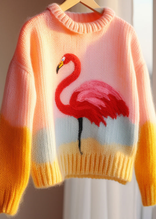 Pink O Neck Patchwork Knit Sweaters Fall Qg019