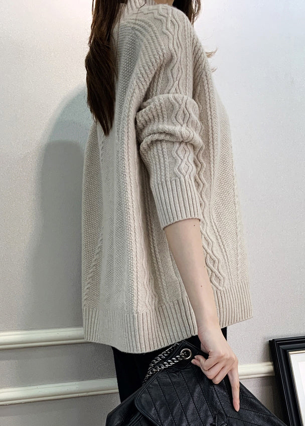 Beige Cozy Knit Fall Sweaters Turtleneck Qi024
