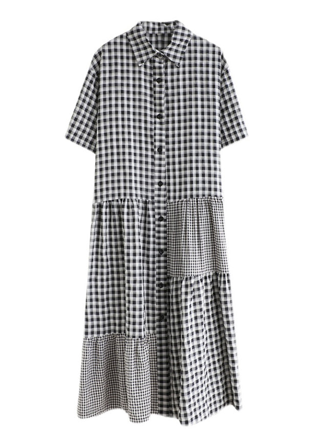 Black Patchwork Button Vacation Long Dresses Short Sleeve Ac2065