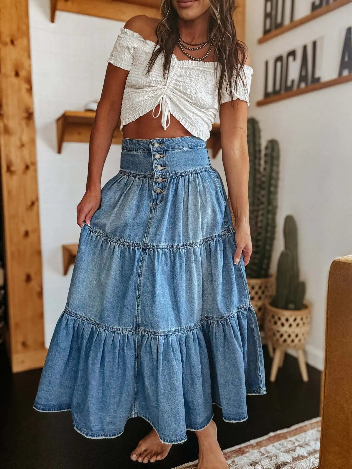 Tiered Denim Maxi Skirt