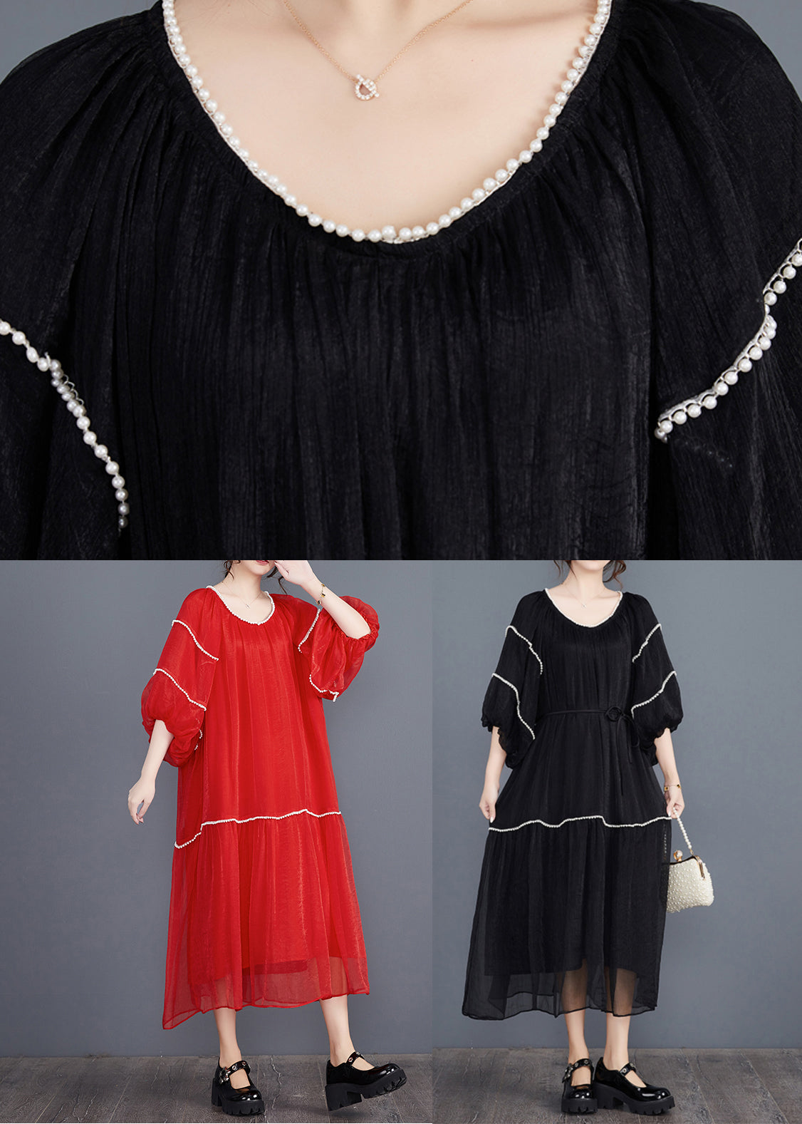 Black Nail Bead Long Dresses Half Sleeve Aj1022