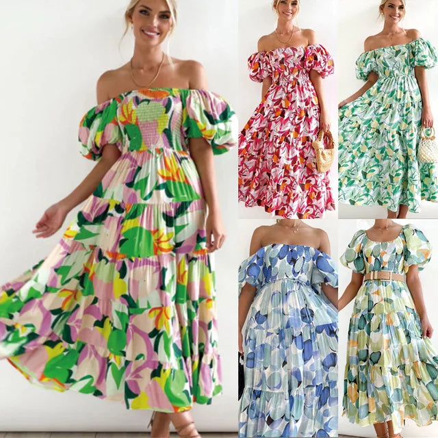 Color Print Off Shoulder Long Dresses Short Sleeves Backless Beach Vacation Style Dress Summer Vestidos