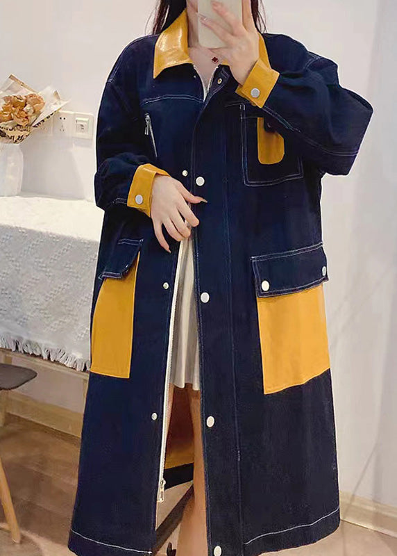 Denim Blue Peter Pan Collar Patchwork Zippered Button Linen Long Trench Coats Fall Tq1035