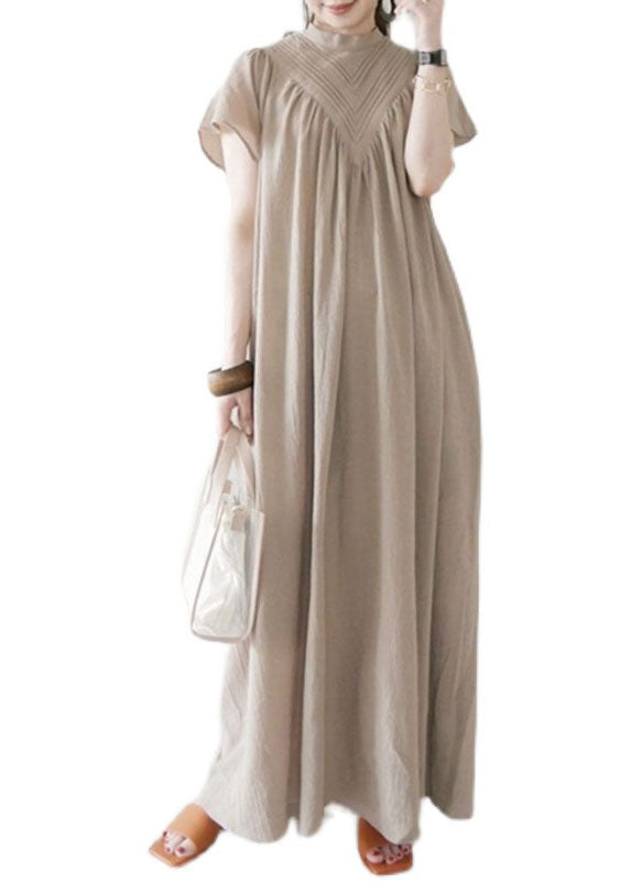 Beige V Neck Oversized Cotton Long Dress Summer Ly1362