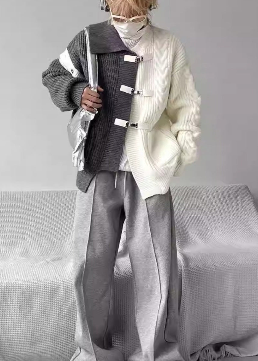 Boutique Grey Asymmetrical Buckle Patchwork Knit Sweaters Spring Yy036
