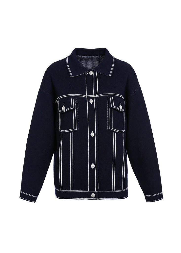 Boutique Navy Peter Pan Collar Pockets Knit Coat Fall Wo022