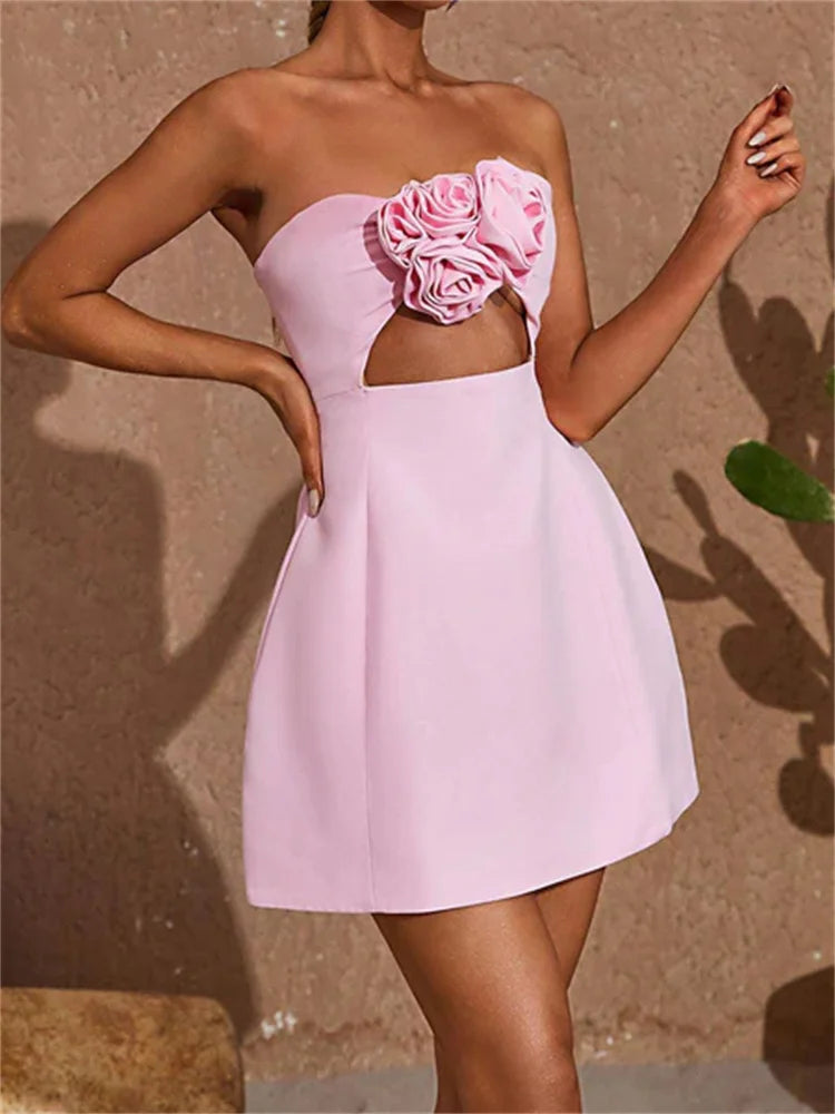 Cutout Backless Aesthetic 3d Flowers Patchwork Strapless Mini Dresses