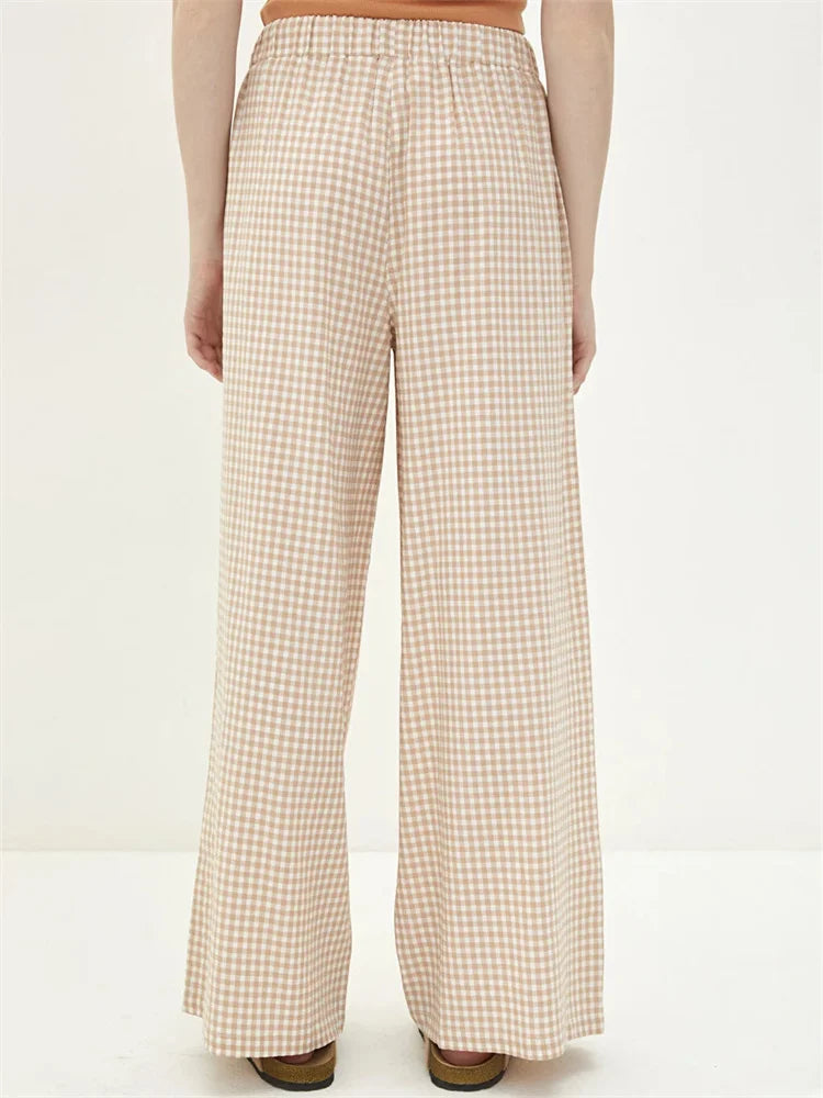 Plaid High-waisted Drawstring Wide Leg Pant