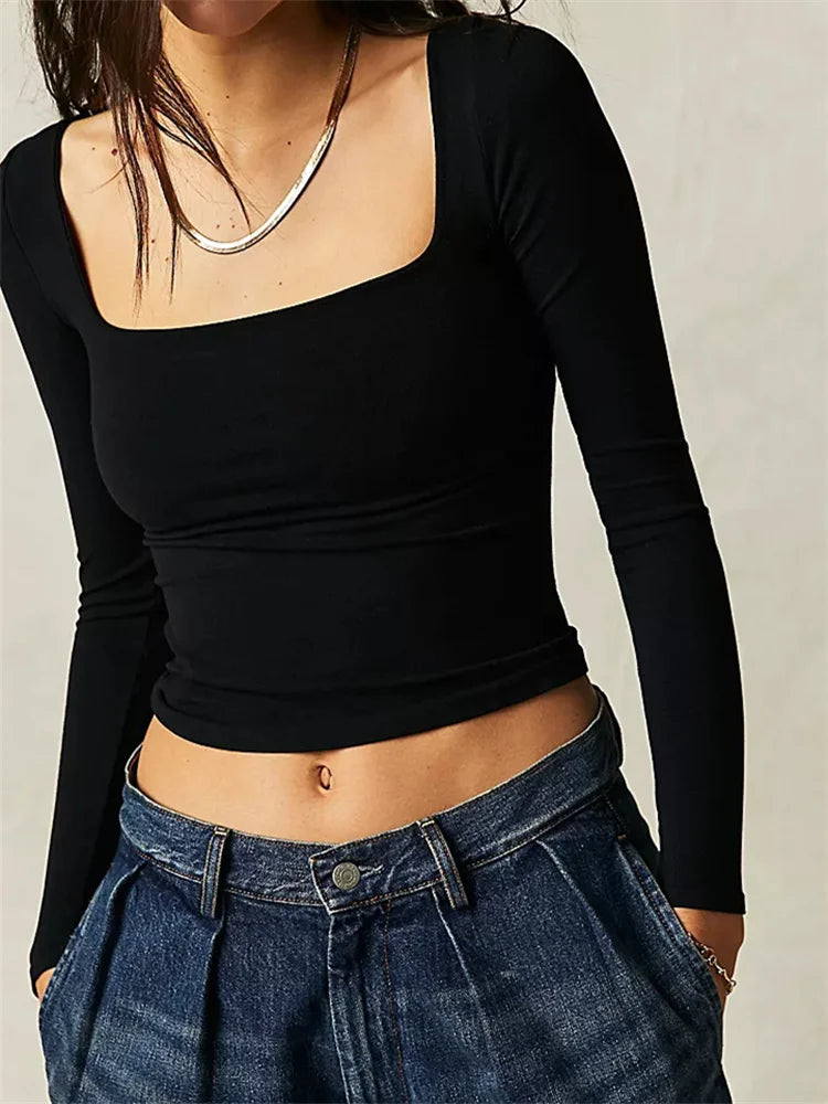 Square Neck Slim Fit Female Basic T-shirts