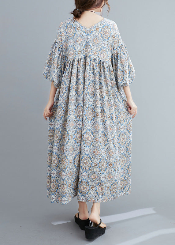 Light Blue Print Wrinkled Long Dresses Lantern Sleeve Ac2012