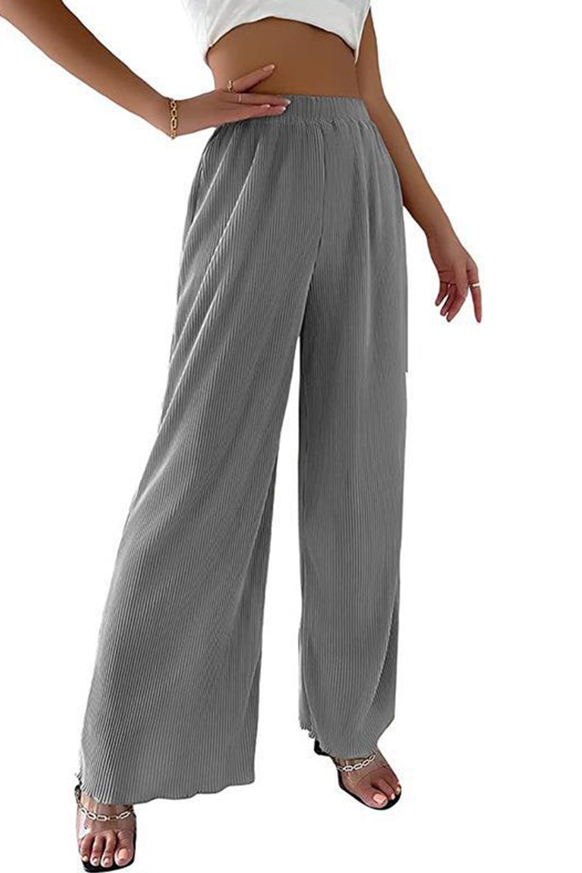 Color Elastic Waist Wide Leg Long Pants