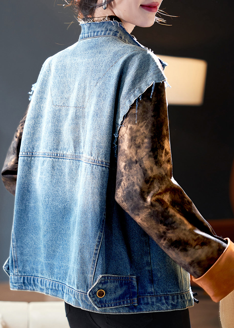 Blue Button Print Patchwork Denim Coat Spring Qa1008