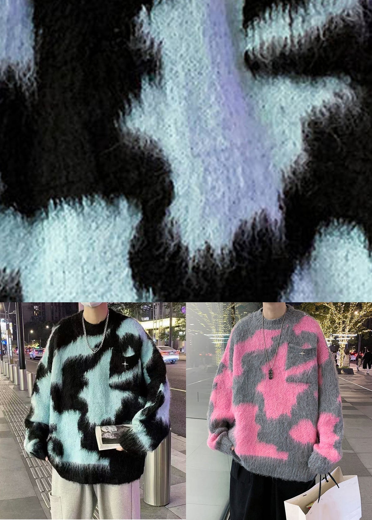 Blue O Neck Patchwork Knit Sweater Winter Rc030