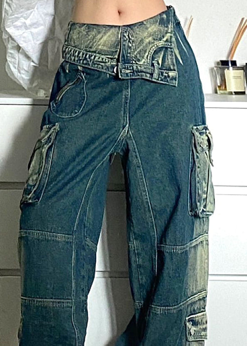 Blue Pockets Patchwork Denim Fall Pants High Waist Qf046