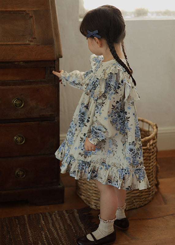 Blue Ruffled Patchwork Kids Vacation Long Dresses Fall Ss1045