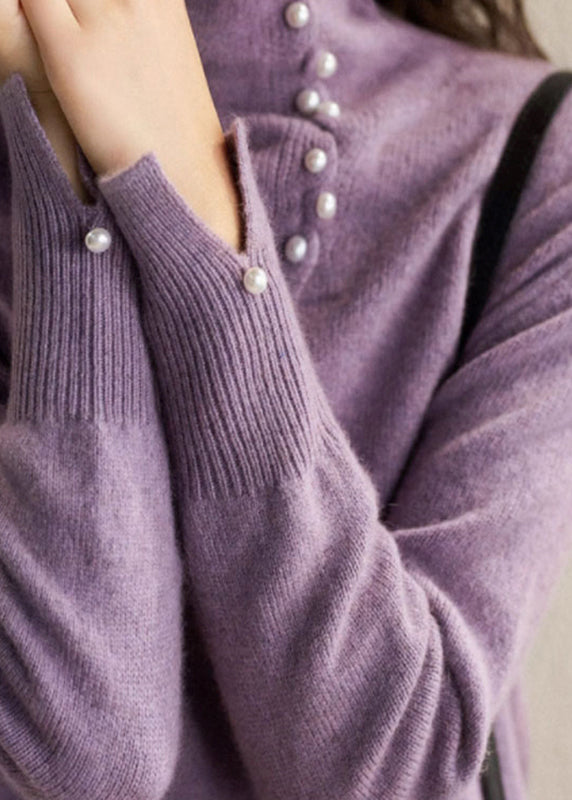 Blue Turtleneck Pearl Patchwork Cozy Cotton Knit Sweater Spring To033