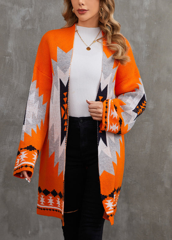 Orange V Neck Patchwork Knit Cardigan Fall Ae1013
