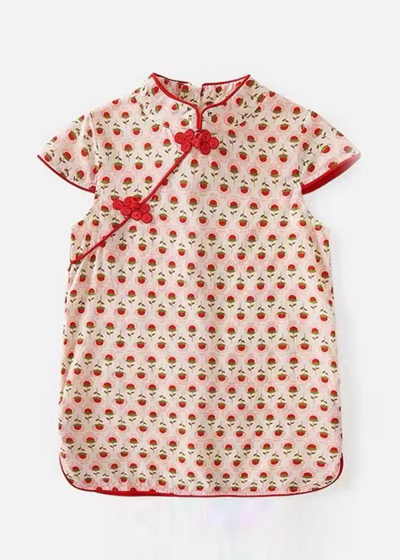 Red Print Side Open Kids Holiday Long Dress Short Sleeve Mn020